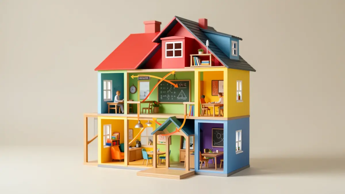 Le 'Mathehaus', une représentation visuelle des compétences mathématiques interconnectées pour l'enseignement primaire.