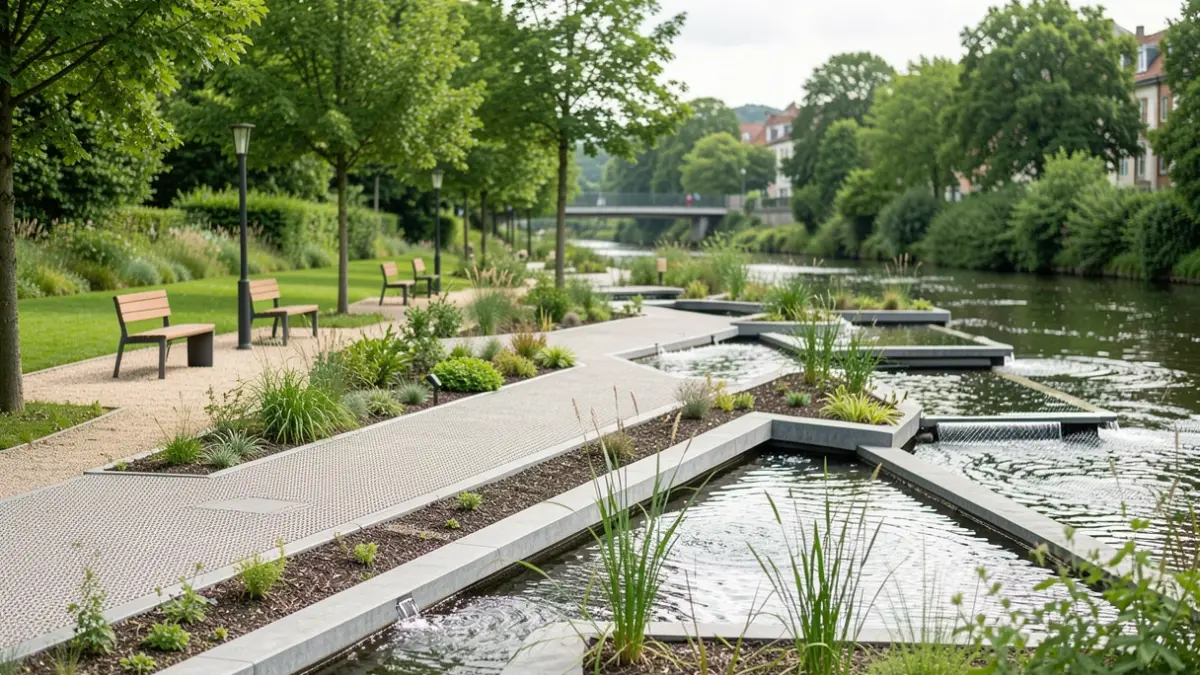 Image générique d'un parc urbain moderne axé sur l'adaptation au changement climatique, avec des surfaces perméables et des aménagements paysagers durables dans la Province de Liège.