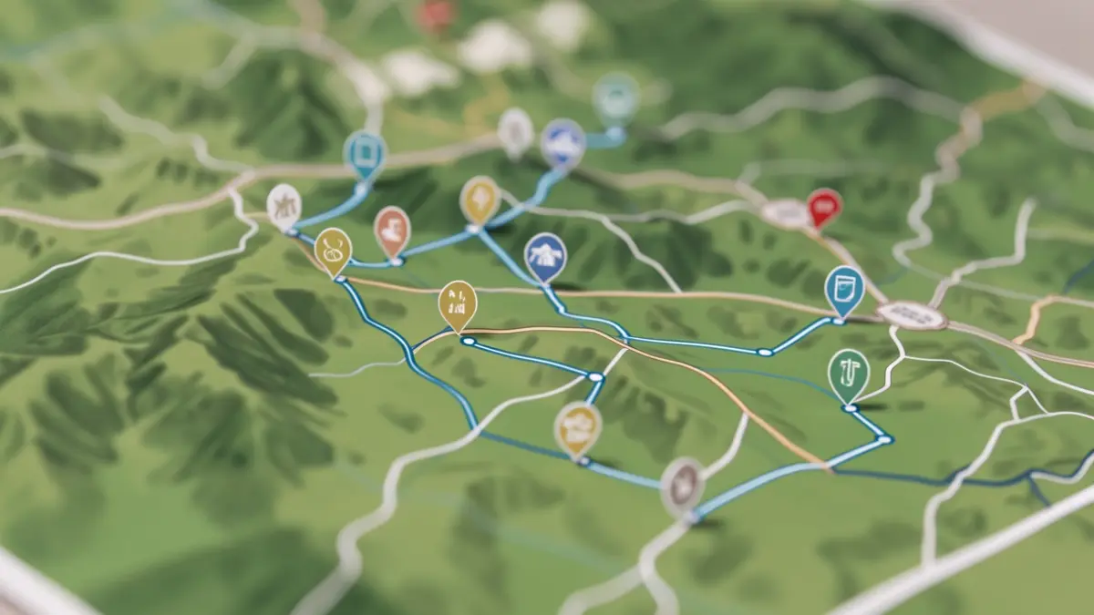Image générique d'une interface de carte numérique montrant des sentiers de randonnée interconnectés dans un paysage verdoyant, avec des icônes indiquant des points d'intérêt. L'esthétique est épurée et moderne, axée sur la navigation et l'information.