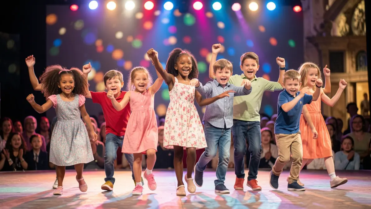 Image générique de jeunes enfants dansant sur une scène avec des lumières floues.