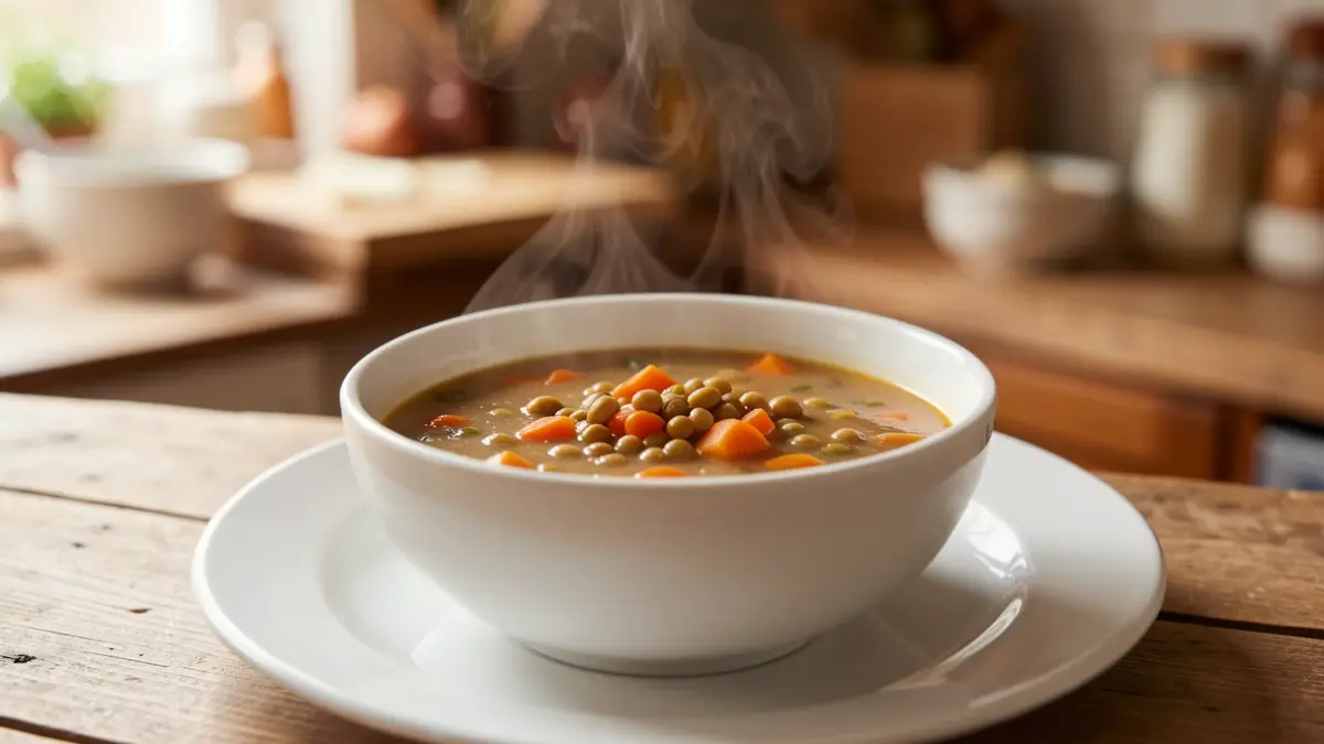 Image générique d'un bol de soupe chaude et réconfortante, servi dans un cadre de cuisine simple et chaleureux.