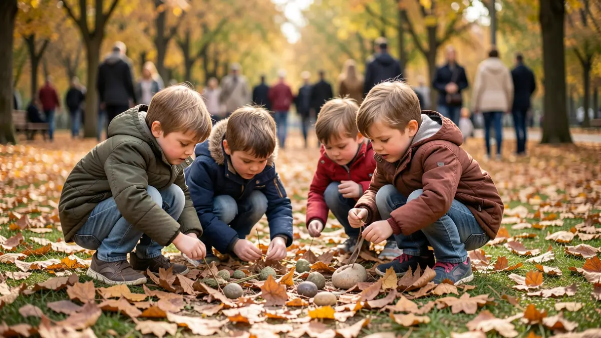 Children exploring nature in autumn, observing leaves and natural treasures in a park.