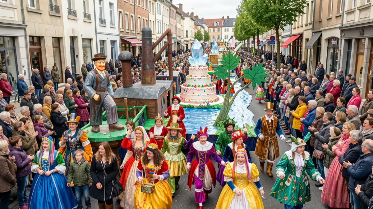 Défilé festif des Fieris Féeries à Seraing, avec des participants costumés et des figures symboliques célébrant l'histoire locale et les 200 ans des Cristalleries du Val Saint-Lambert.