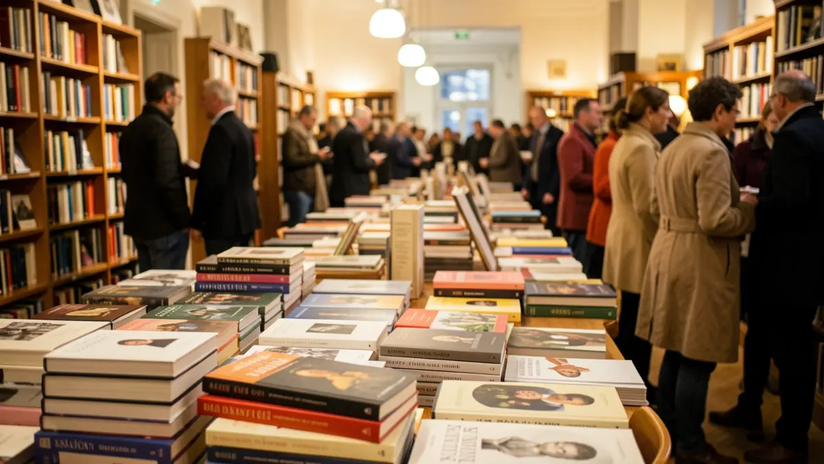 Image d'un salon du livre avec des stands de livres et des œuvres d'art exposées, dans une ambiance chaleureuse et éclairée.