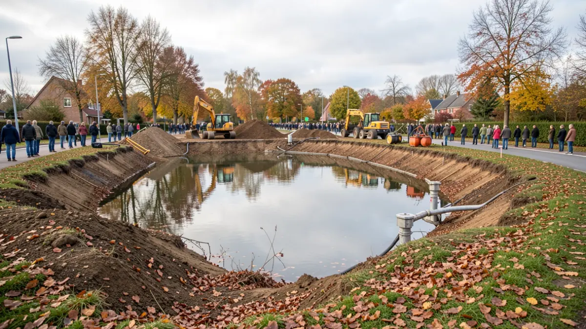 Image générique de travaux de rénovation autour d'un étang, avec des équipements de pompage et des berges érodées, dans un paysage automnal belge.