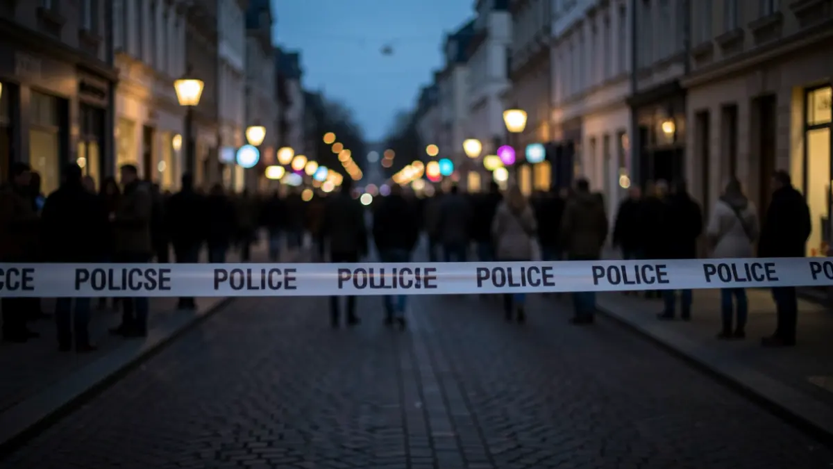 Bande de police coupant une rue déserte à Liège au crépuscule, lumières de la ville floues.