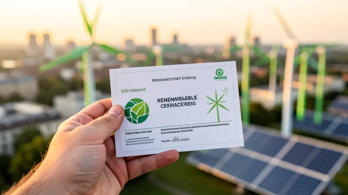 Image générique de mains tenant un certificat d'énergie renouvelable, avec un arrière-plan flou de la ligne d'horizon d'une ville et de symboles d'énergie verte.