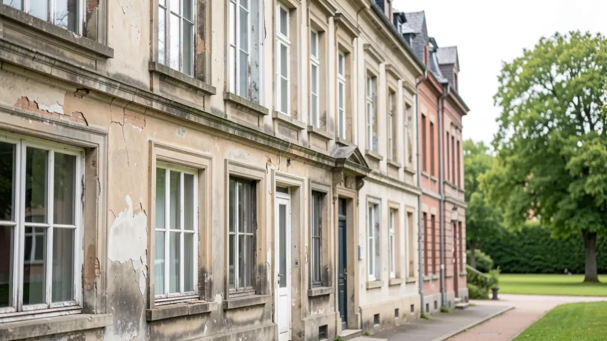Generic image of an old building facade in need of renovation, located in an urban environment with a park nearby. Daylight.
