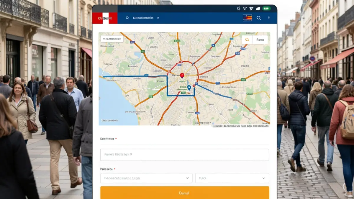 Image générique d'une interface numérique de gestion en ligne, avec une carte et des champs de formulaire. Design moderne aux couleurs gouvernementales belges.