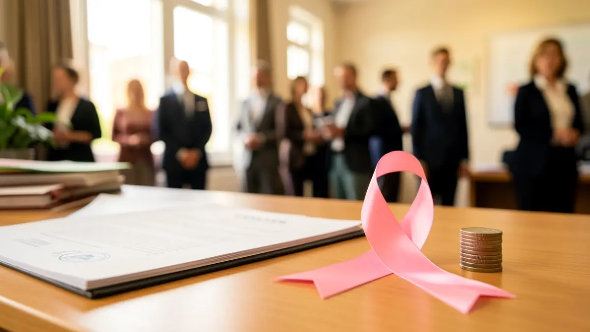 Un ruban rose posé sur un bureau avec des documents administratifs et des pièces de monnaie, symbolisant la lutte contre le cancer du sein.