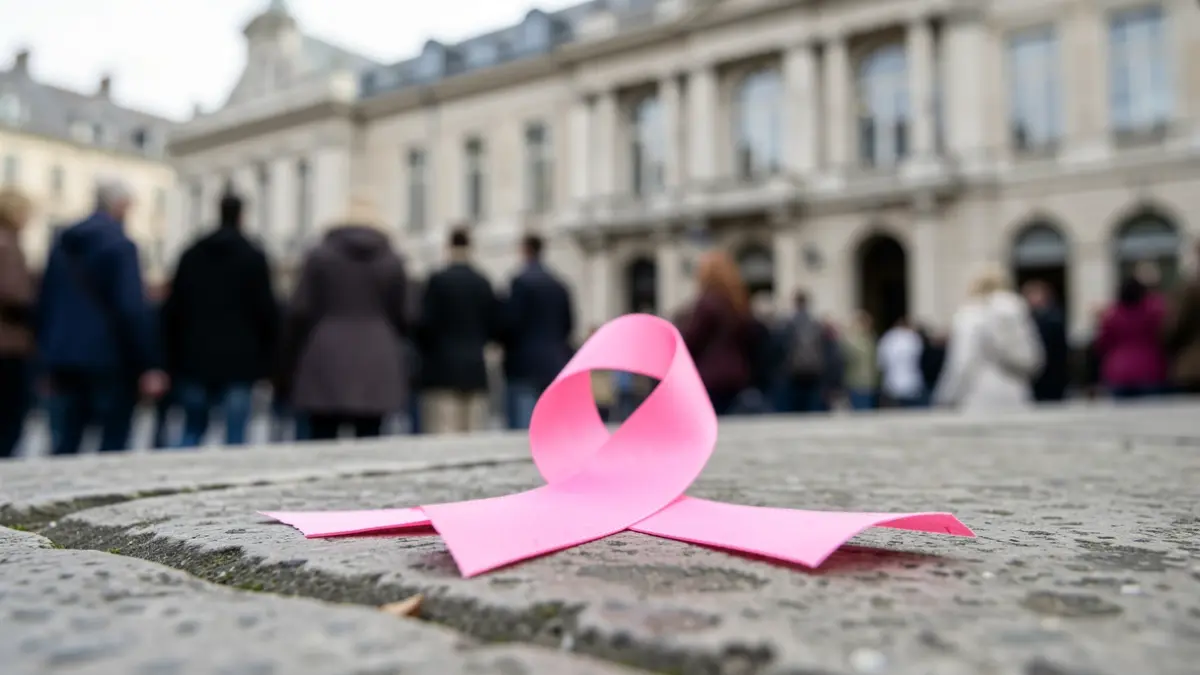 Symbole du ruban rose contre le cancer du sein sur une surface en pierre, avec la façade d'un bâtiment communal floue en arrière-plan.