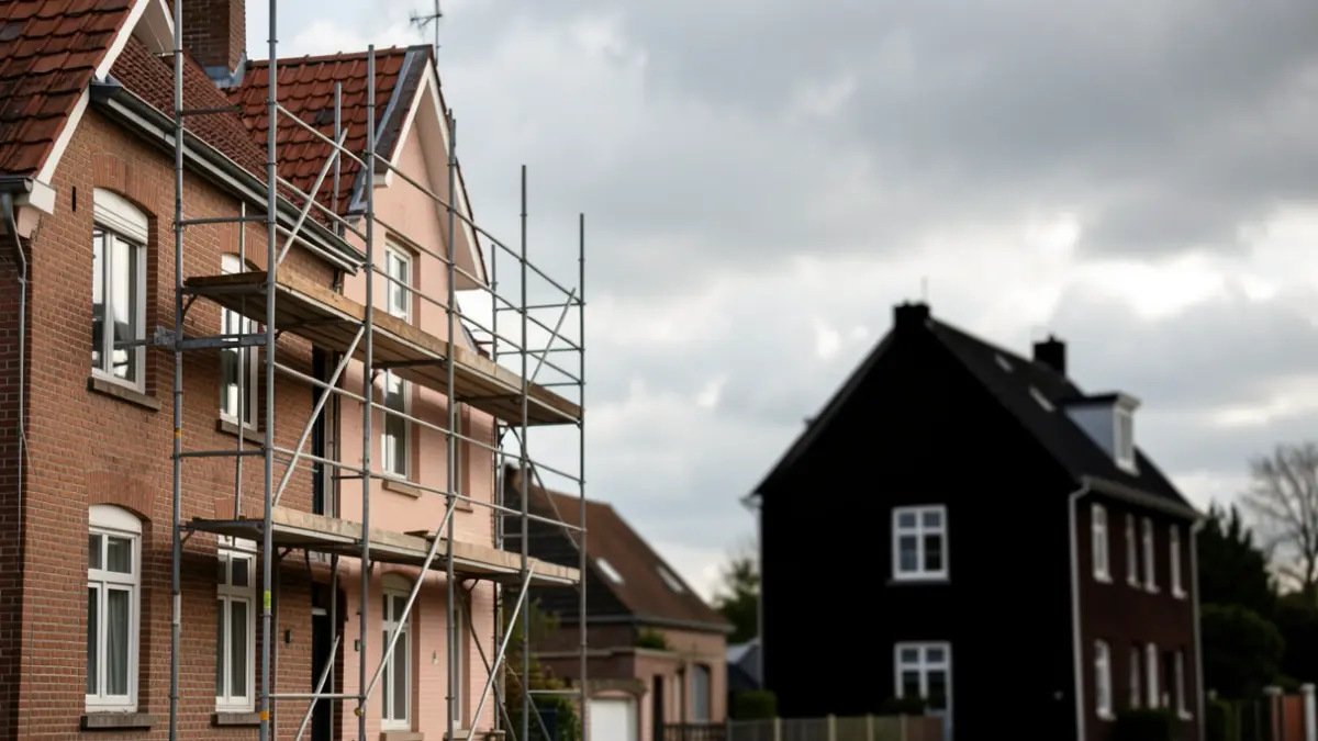 Image générique représentant des maisons inoccupées et des efforts de rénovation dans une commune belge. Une façade de maison partiellement rénovée avec des échafaudages contraste avec une silhouette de maison générique à l'arrière-plan sous un ciel couvert.