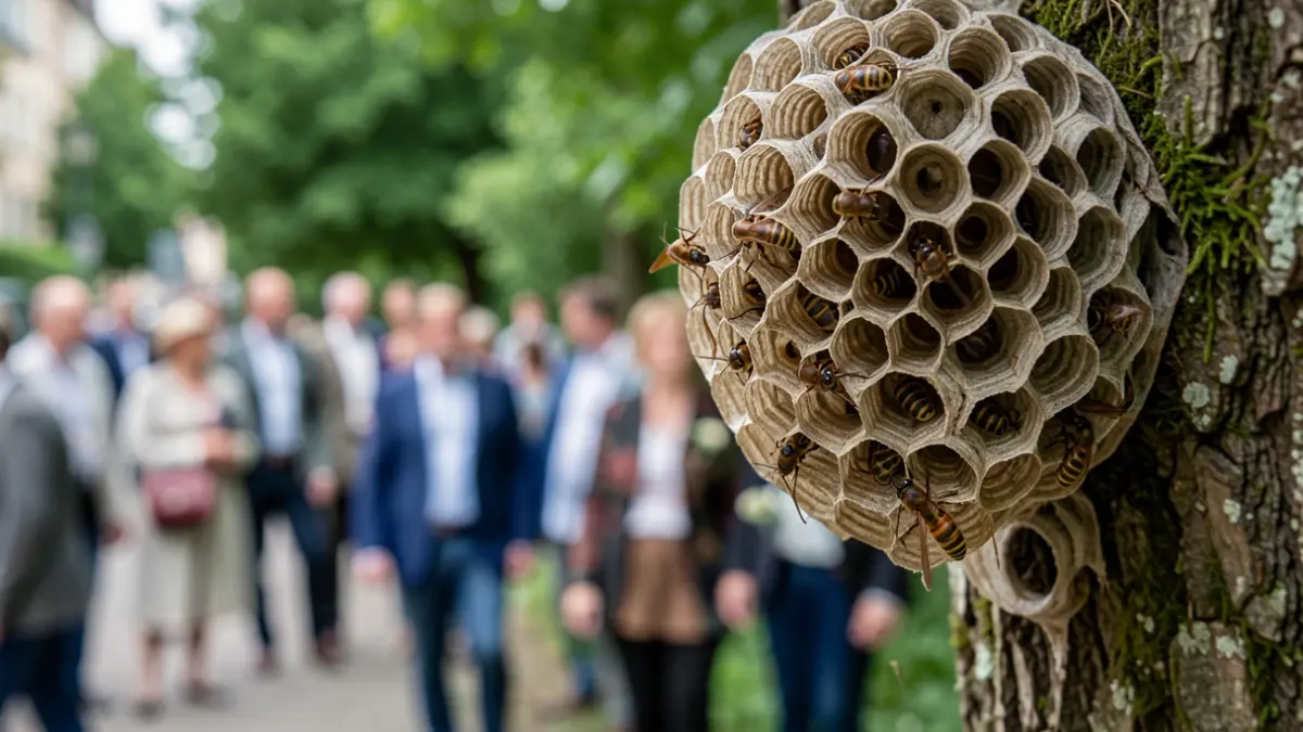 Nid de guêpes asiatiques, symbole de la lutte contre les espèces invasives.