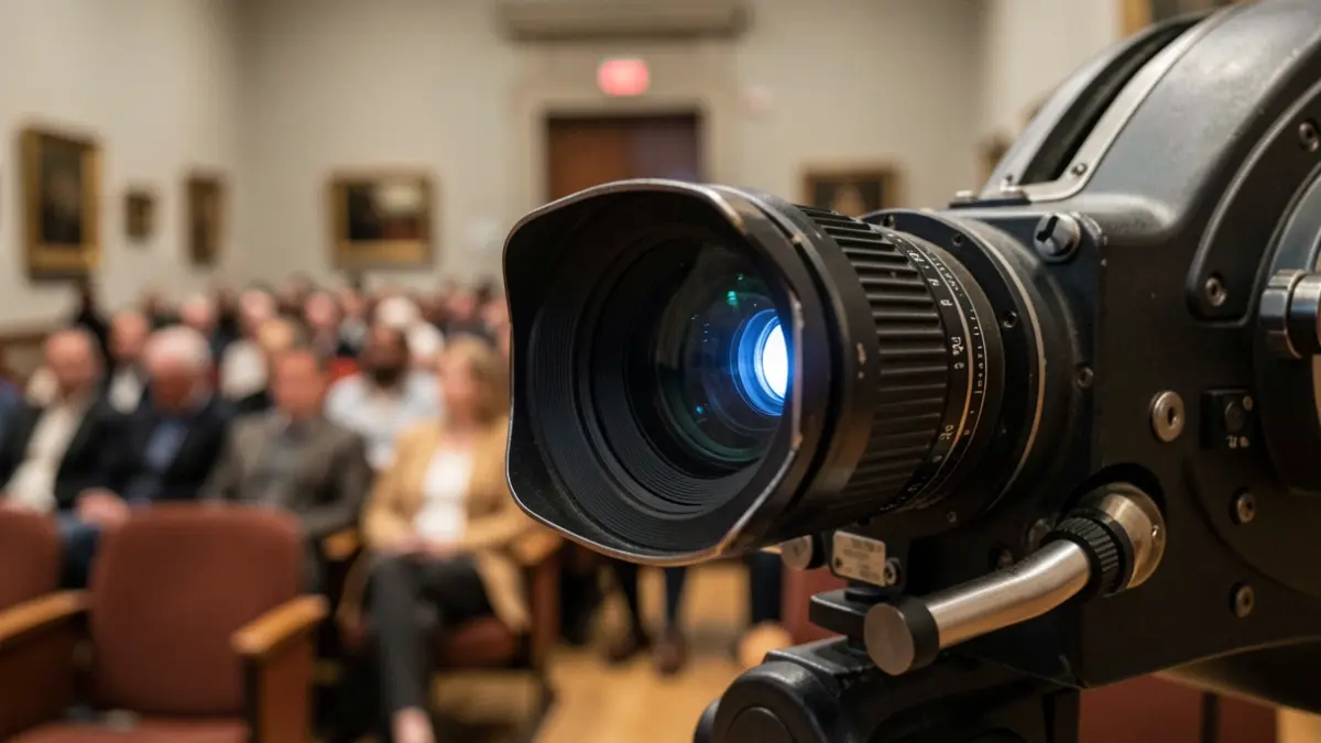 Gros plan d'une lentille de projecteur de film ancien avec une lumière douce, arrière-plan flou d'un auditorium de musée d'art avec des sièges vides, évoquant un sentiment de découverte artistique et de contexte historique. Style photographie documentaire.