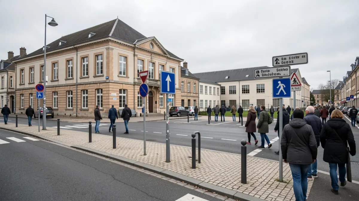 Vue de rue de l'hôtel de ville et du hall des sports d'une commune belge avec signalisation claire indiquant les zones piétonnes et le stationnement limité, avec des bornes et un pavage adapté, ciel couvert, style documentaire.