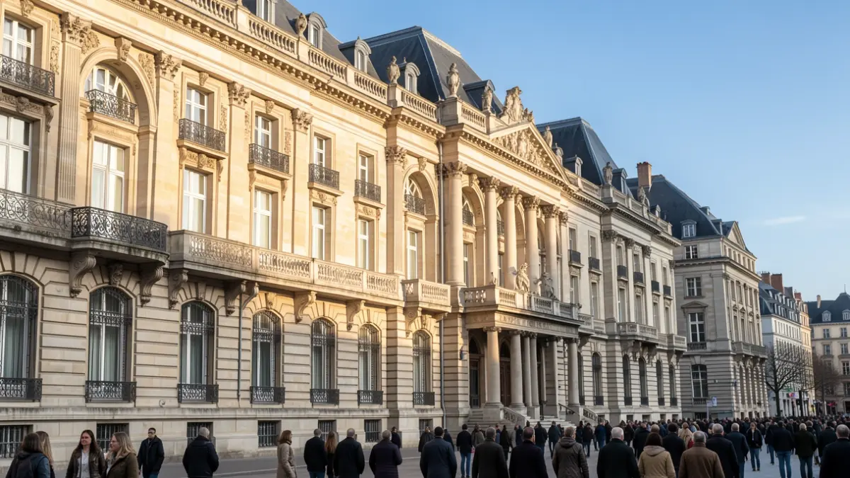 Generic image of the stone facade of a provincial palace, with ornate balconies and classical architectural details, under soft afternoon sunlight.