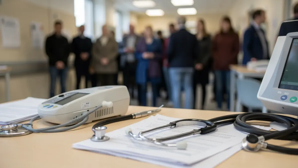 Image générique de matériel médical et de documents sur un bureau dans un cadre hospitalier, éclairage d'ambiance doux, faible profondeur de champ.