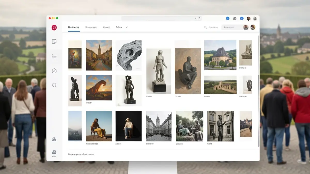 Image générique d'une interface de plateforme numérique présentant des œuvres d'art variées, avec un arrière-plan subtil évoquant un paysage belge.