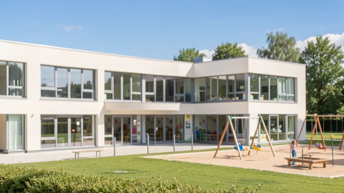 Image générique d'une école moderne avec une aire de jeux par une journée ensoleillée.