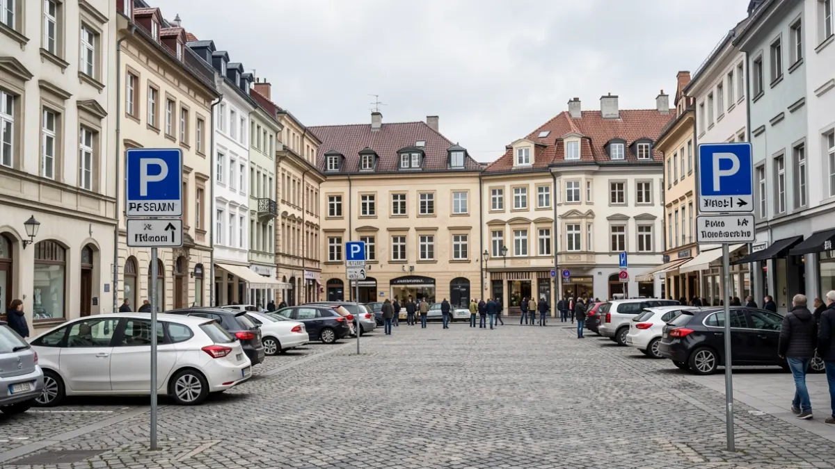 Generic image of blue parking signs on a street in a Belgian municipality, with buildings in the background.