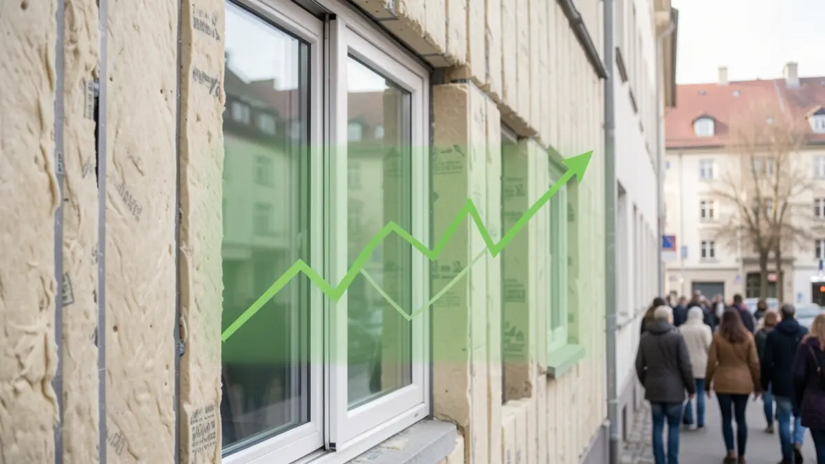 Generic image of insulation materials and energy-efficient window frames on a building facade, with a subtle energy performance graph.
