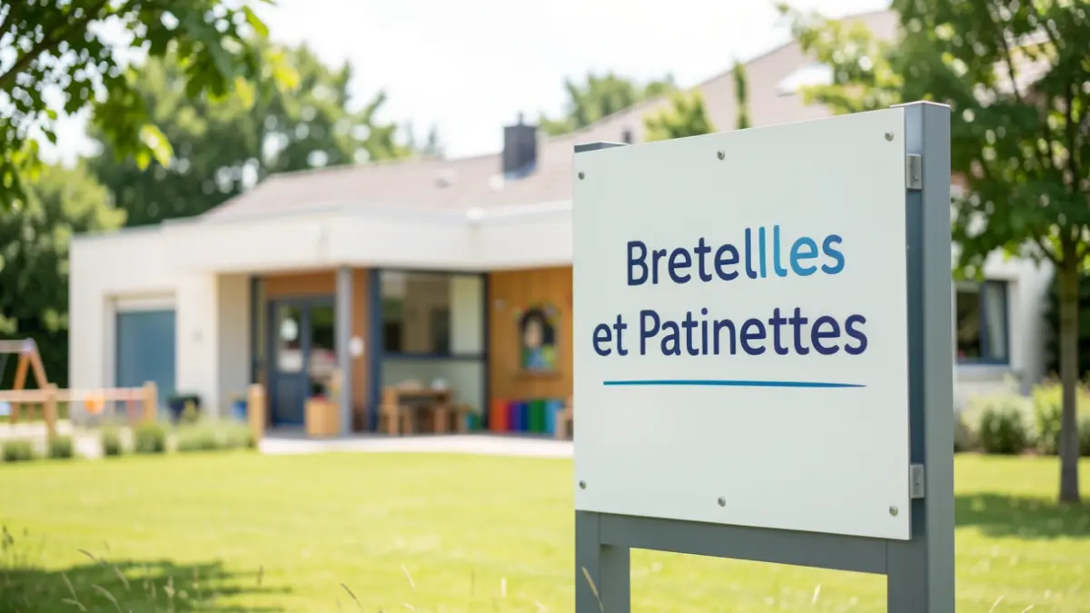 Image générique d'une crèche moderne avec un panneau, sans noms propres ni détails spécifiques.