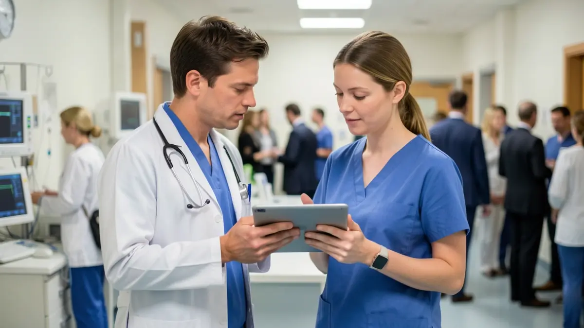 Image générique d'un médecin et d'une infirmière discutant autour d'une tablette, avec du matériel médical flou en arrière-plan. Éclairage doux et professionnel.