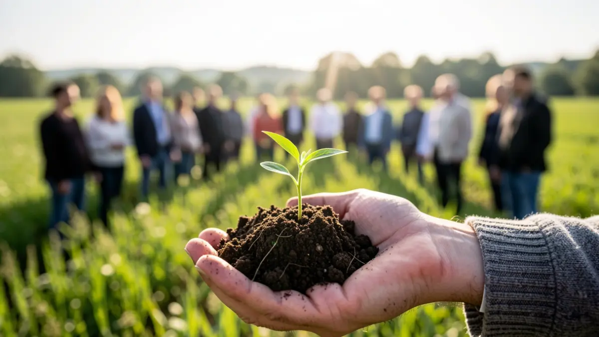 Image générique d'une main tenant une jeune pousse avec de la terre, symbolisant la transition écologique.