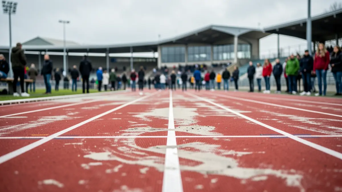 Image générique d'une piste d'athlétisme en cours de rénovation, avec un éclairage tamisé et un ciel couvert typique de la Province de Liège.