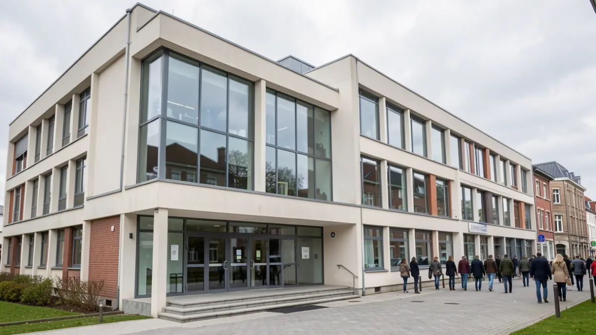 Generic image of the exterior of a modern municipal building in Belgium, with large windows and clean lines, under a slightly overcast sky. Focus on the architecture and the entrance area. No people visible.