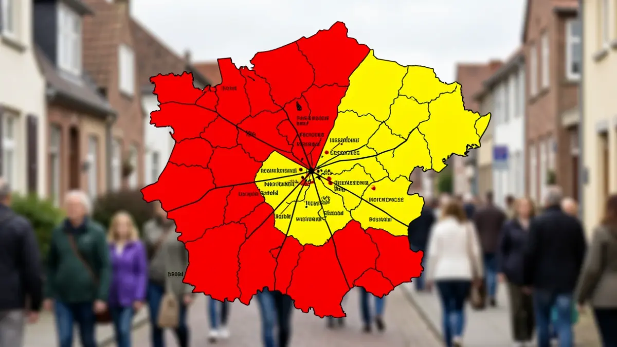 Carte des zones de mauvaise connexion internet dans la commune de Verlaine, avec des zones rouges et jaunes indiquant les problèmes de réseau.