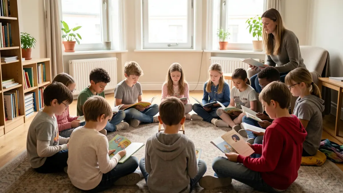 Des enfants et adolescents lisent ensemble dans une classe, guidés par un enseignant. Ambiance lumineuse et studieuse.