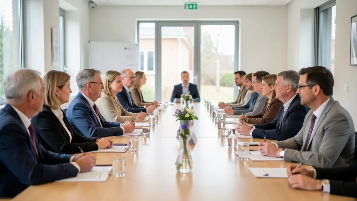 Image générique d'une salle de réunion moderne lors d'une conférence sur le changement climatique, avec des représentants écoutant attentivement. Lumière naturelle douce.