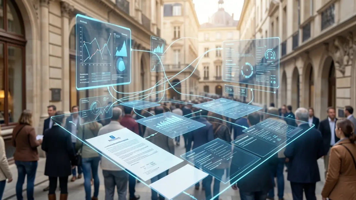 Image générique de digitalisation des procédures administratives avec des éléments architecturaux belges discrets.