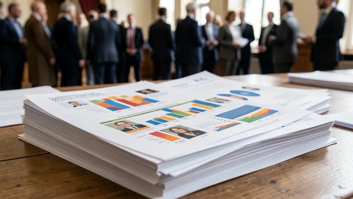 Gros plan sur une pile de rapports officiels avec des graphiques et des photos, sur un bureau en bois. Lumière douce et diffuse.