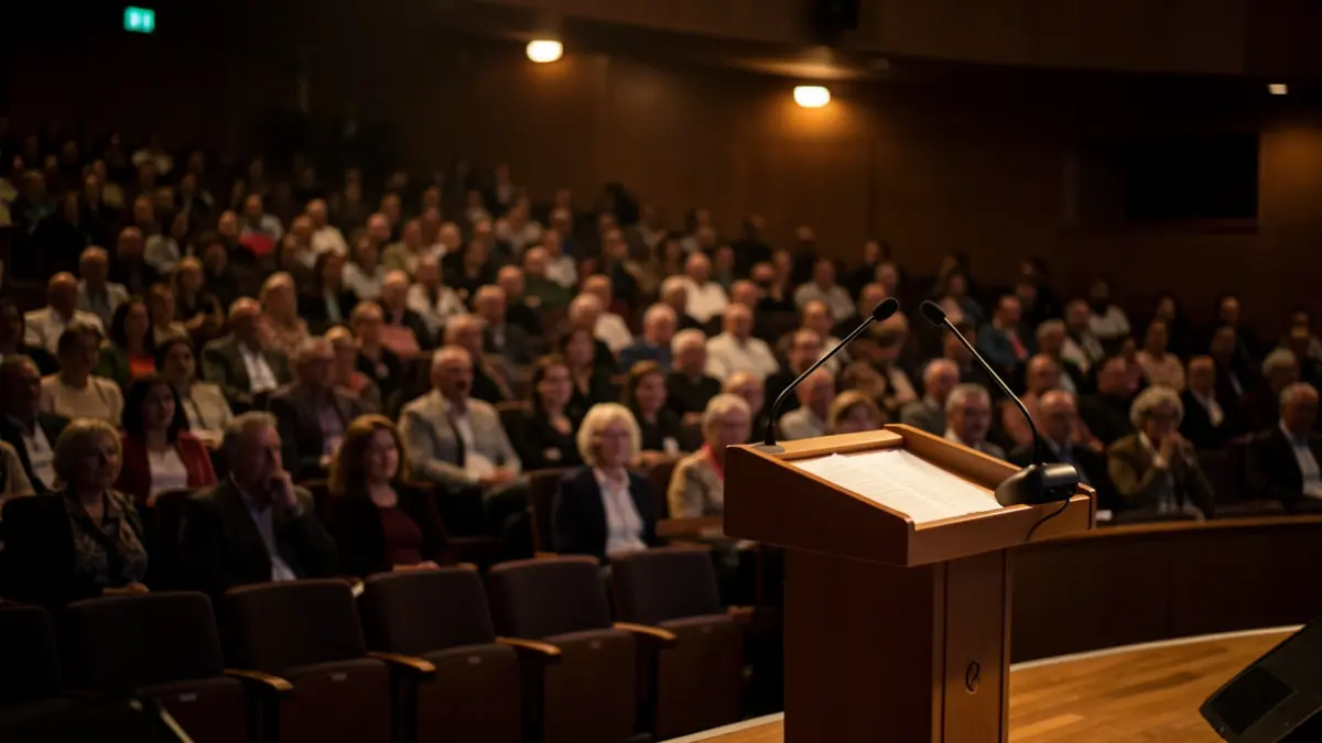 Image générique d'un auditorium vide avec un pupitre.