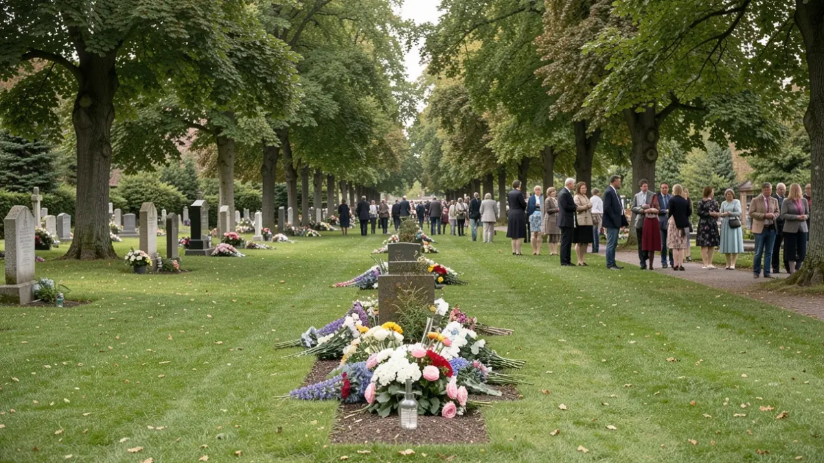 Generic image of a dispersion lawn in a cemetery, with a designated area for flower placement.