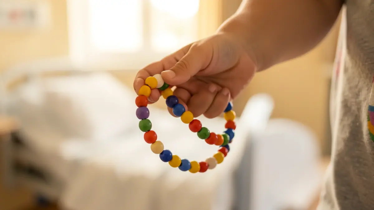Image générique de mains d'enfant touchant un collier de perles symbolique, sur fond flou de chambre d'hôpital.
