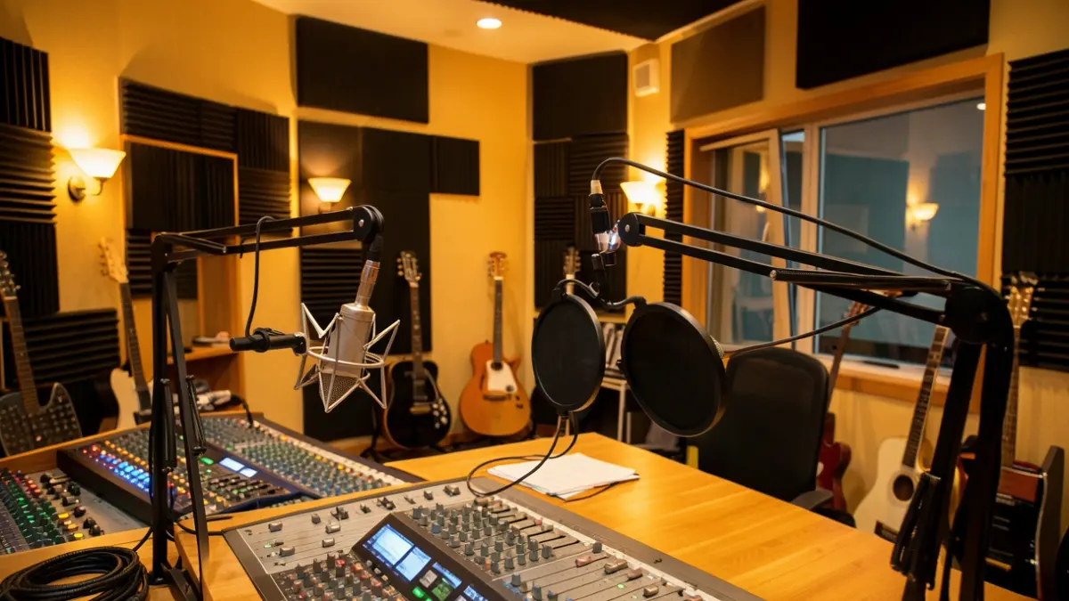 Generic image of a radio recording studio with microphones and acoustic panels, warm atmosphere.