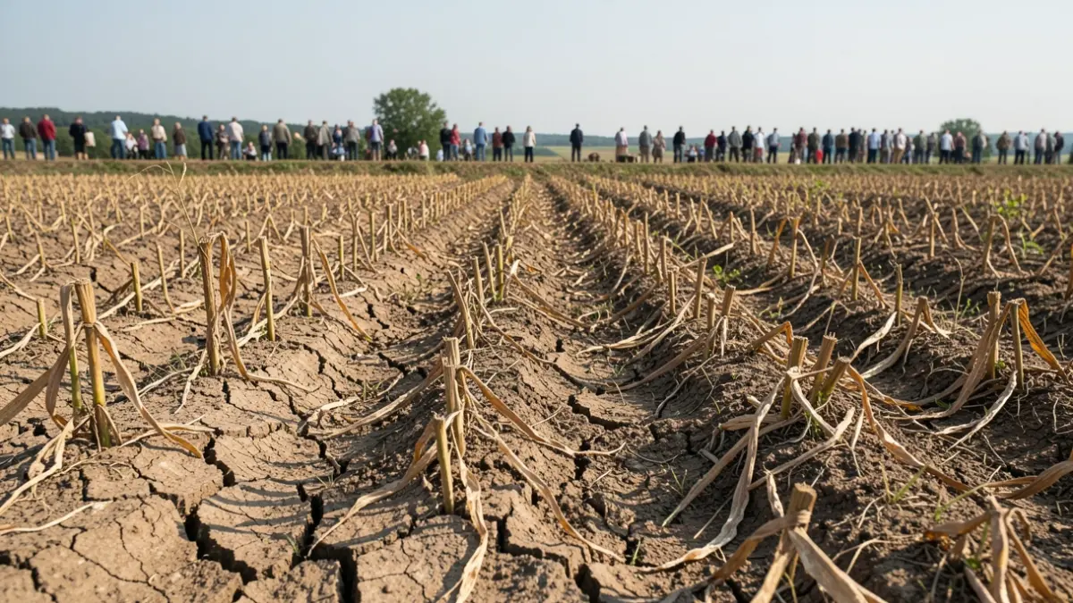 Champs agricoles montrant des signes de sécheresse avec terre craquelée et cultures flétries.