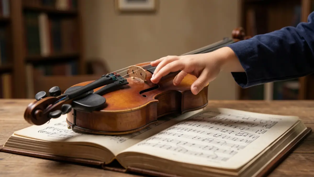 Main d'enfant touchant un violon ancien sur une partition ouverte, éclairage de studio doux, faible profondeur de champ.