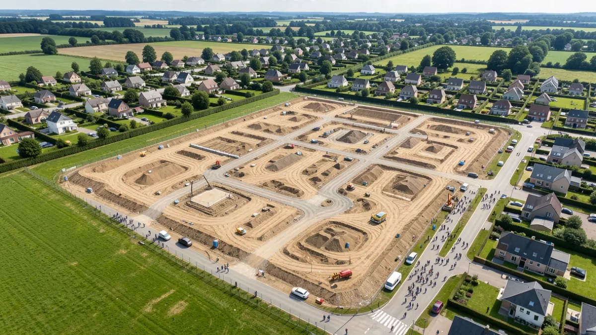 Image générique de la construction d'un nouveau quartier résidentiel dans la Province de Liège, avec des routes et des fondations visibles.