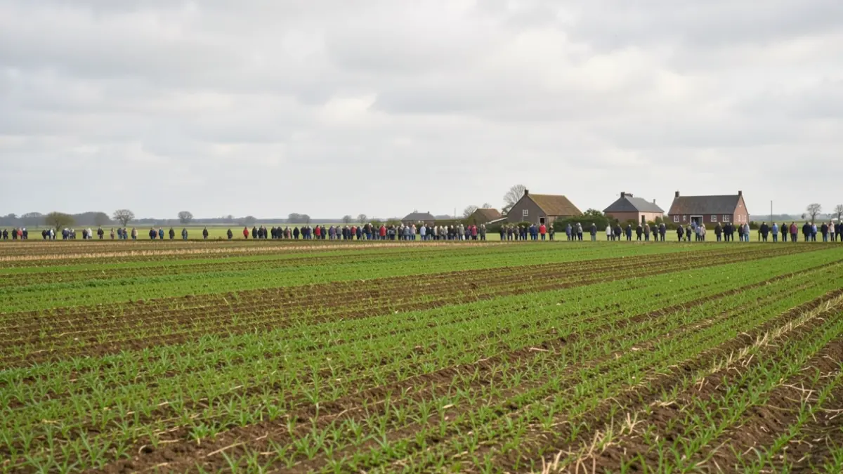 Vastes prairies agricoles à louer dans la campagne liégeoise, sous un ciel couvert typique.