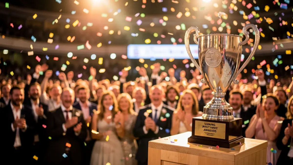 Image générique de la soirée des Mérites sportifs de Seraing, célébrant les athlètes avec un trophée et des lumières festives.