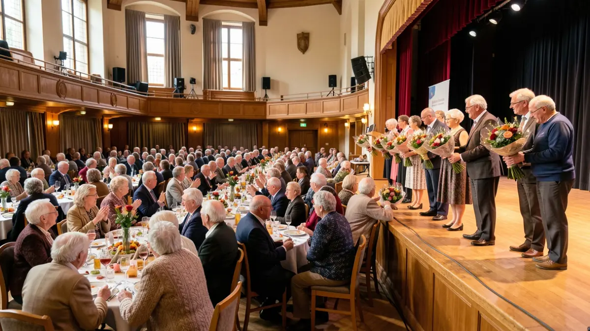 Image générique de personnes âgées célébrant leurs anniversaires à Seraing, certaines sur scène recevant des fleurs.