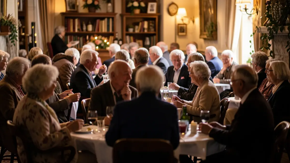 Image générique d'une fête de seniors avec des silhouettes floues profitant de la musique et de la convivialité.