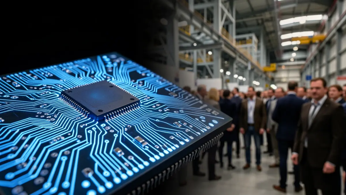 Close-up of a microchip with intricate circuitry, glowing with a soft blue light on a dark background. Advanced manufacturing ambiance.