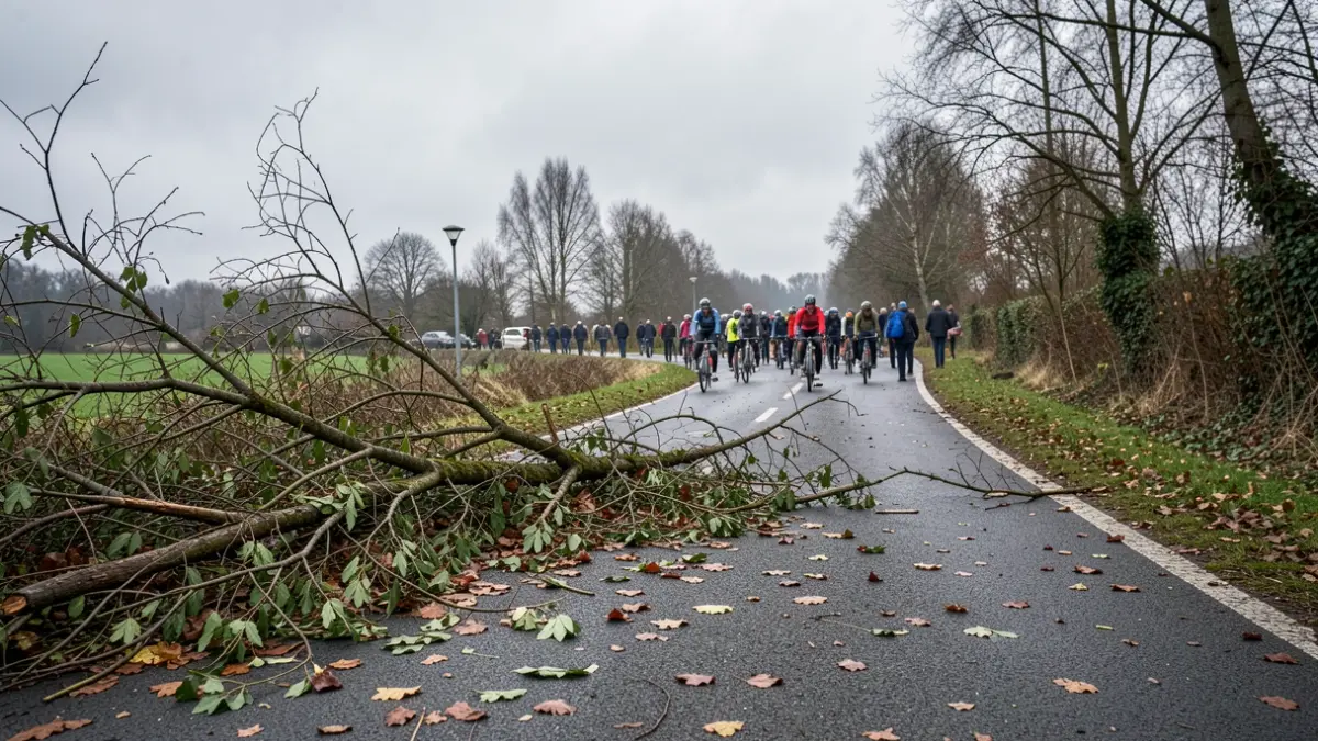 Image générique: avec des débris d'arbres sur le chemin. Le ciel est couvert.
