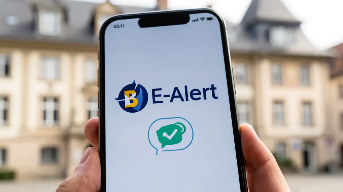 Écran de smartphone affichant le logo BE-Alert avec une notification, sur fond flou de la façade de l'hôtel de ville d'Eupen.