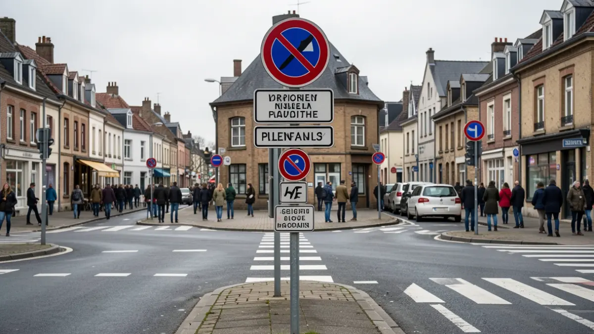 Panneaux de signalisation routière indiquant une nouvelle priorité de circulation à Theux, ciel couvert.